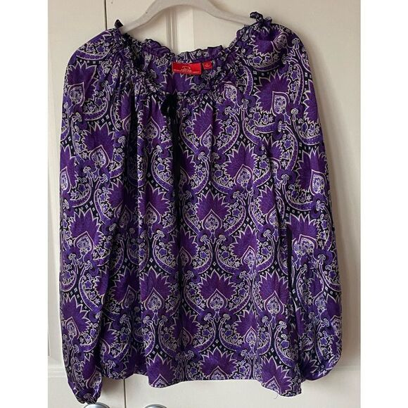 Oscar De La Renta Blouse Women's Size 10 Purple Aztec Paisley Print Tassel - Picture 1 of 7